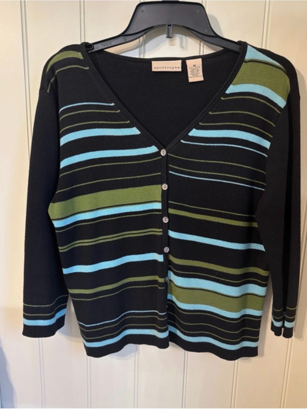 Apostrophe Black V-Neck Button-Front Cardigan with Blue and Olive Stripes
